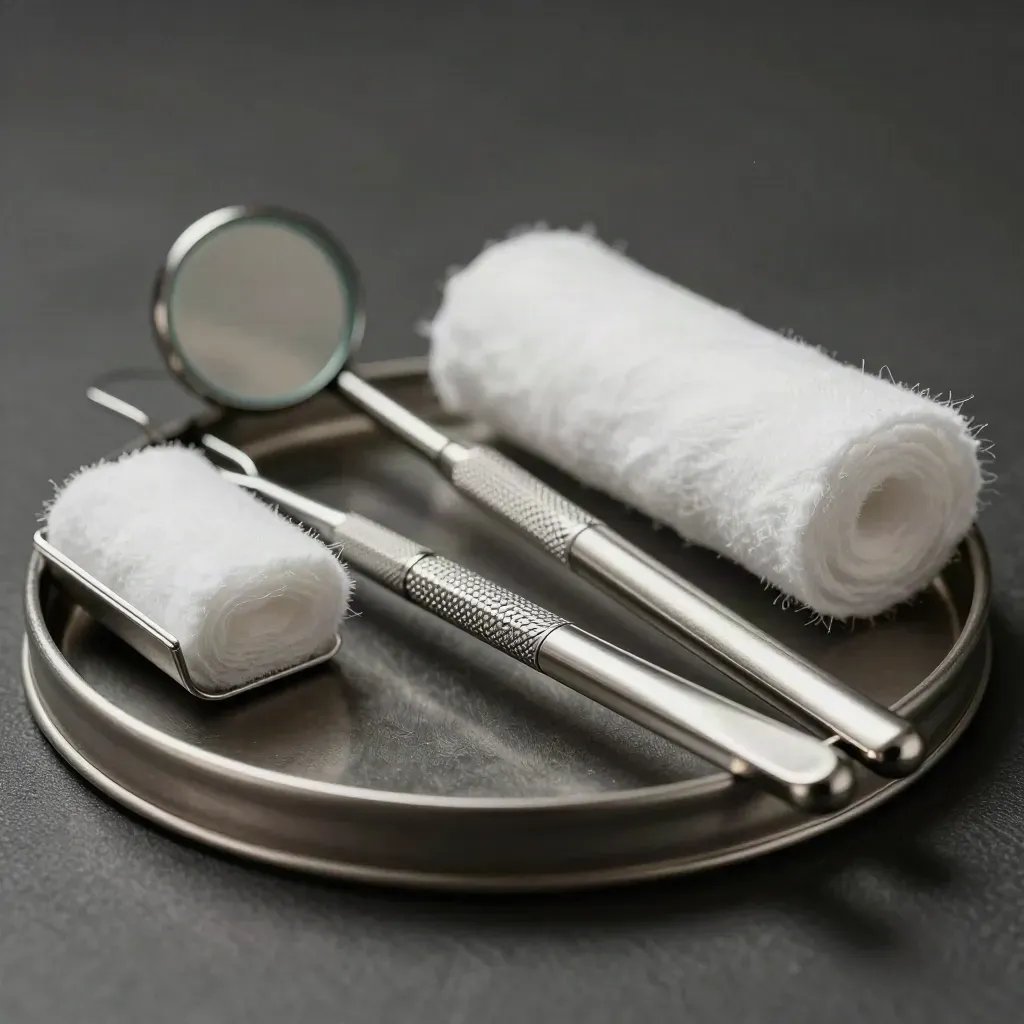 Dental tools on brushed metal with dramatic light and shallow focus