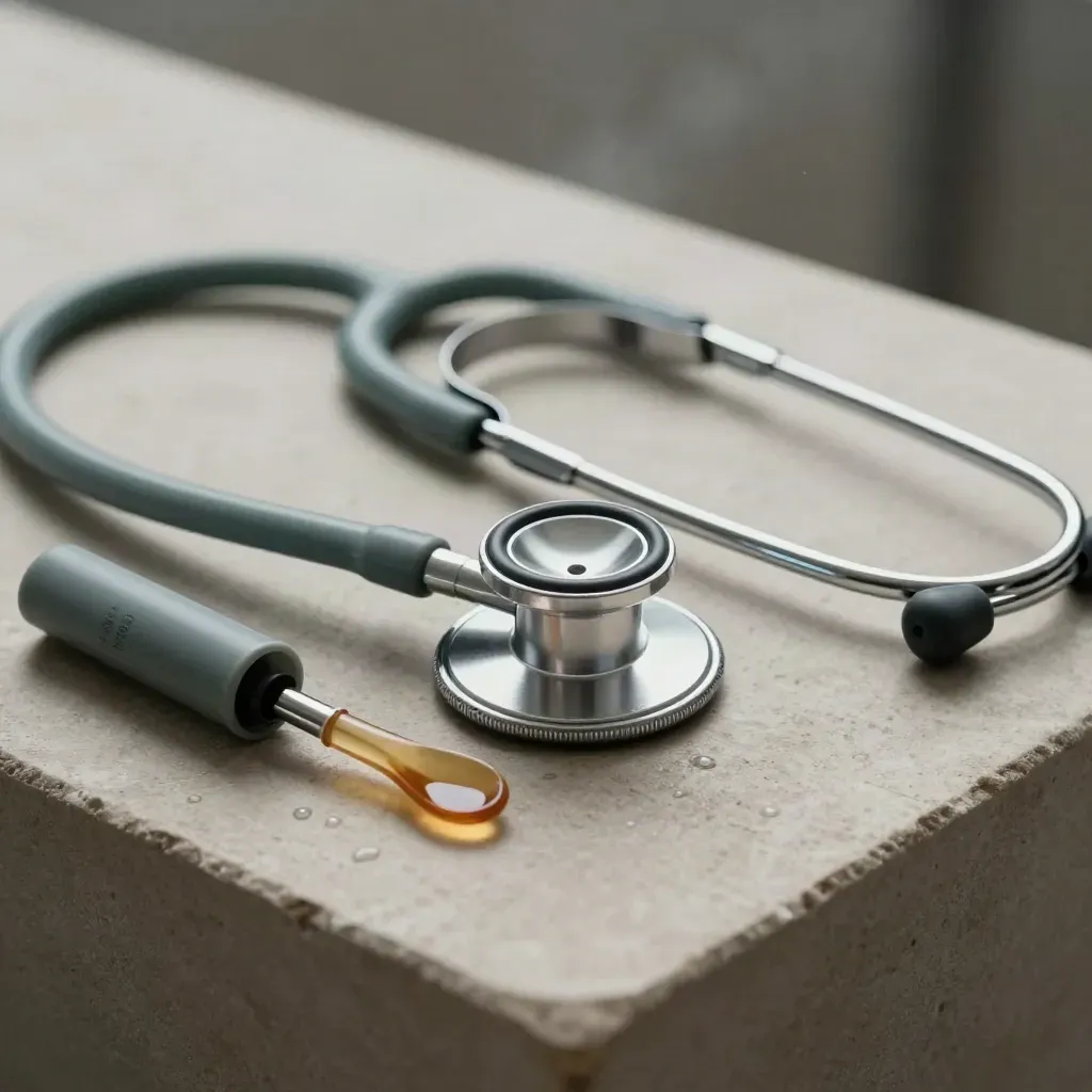 Pediatric care tools on pale stone with teal accents and an amber spoon in tight macro