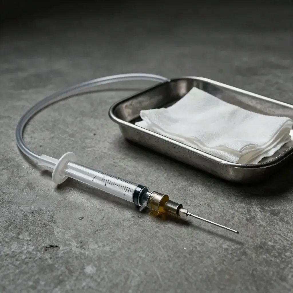 IV tubing, clamp, syringe tray, and gauze on cool concrete with soft haze