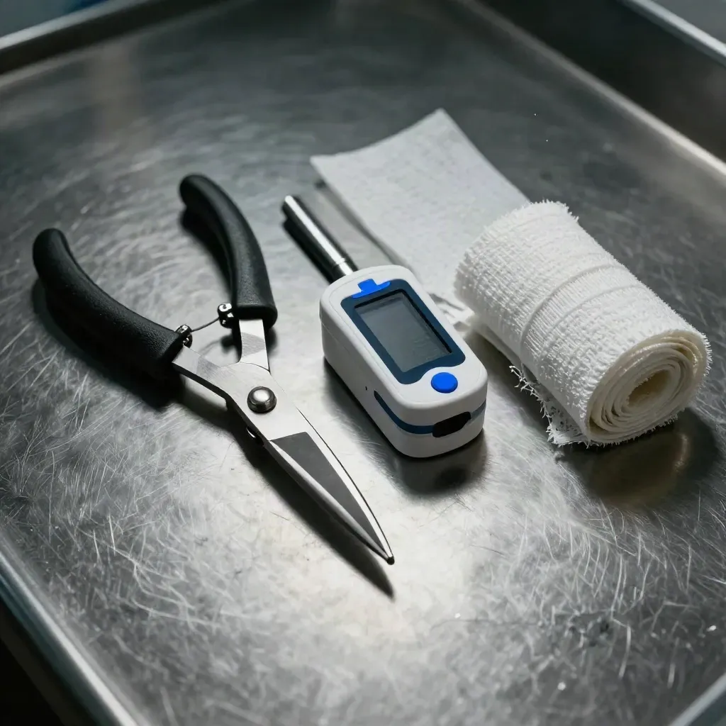 Trauma shears, oximeter, penlight and gauze on brushed steel in a dramatic top-down still life