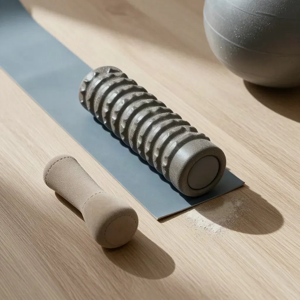 Top-down rehab still life with band, roller, ankle weight and therapy ball edge on pale wood.