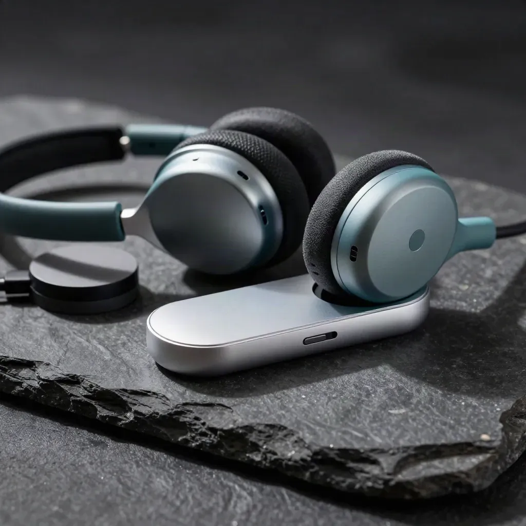 Wireless headset, mic, charger, and cable organizer on charcoal stone with teal accent.