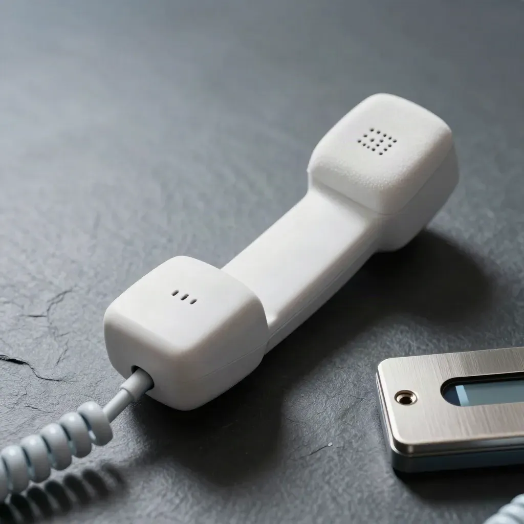 White clinic handset on its cradle with coiled cord, lit in cool macro detail on slate.