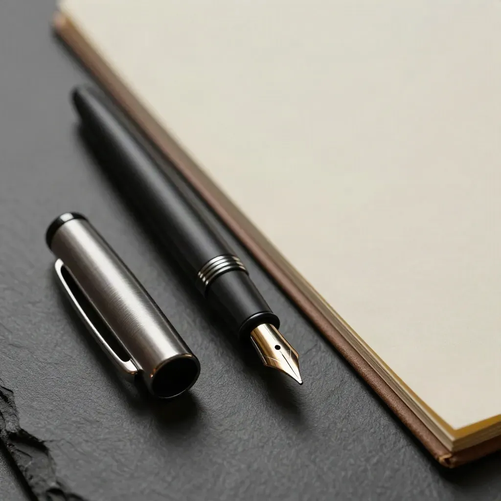Fountain pen, folder, and paper clip on slate in a macro healthcare notes still life.
