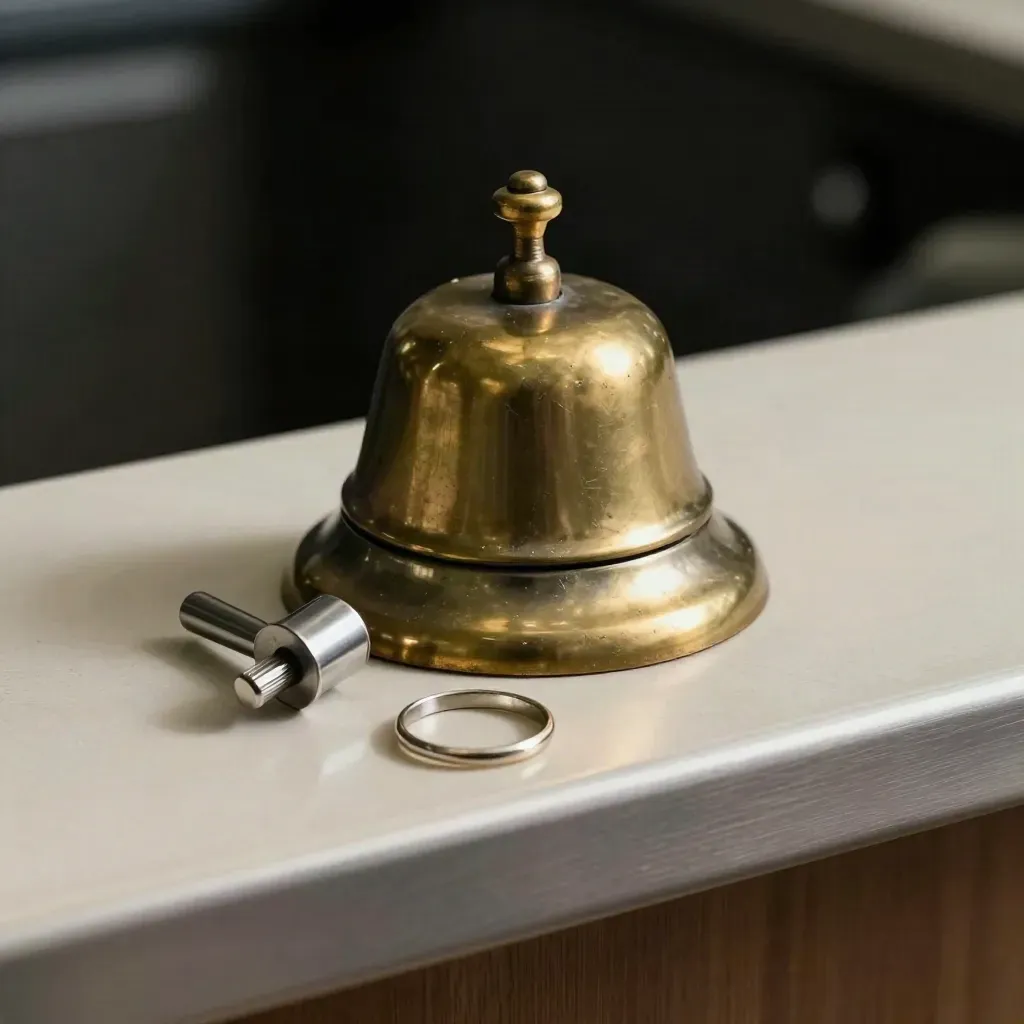 Brass desk bell, ticket spindle, and index ring on brushed metal, softly lit like a clinic reception still life.