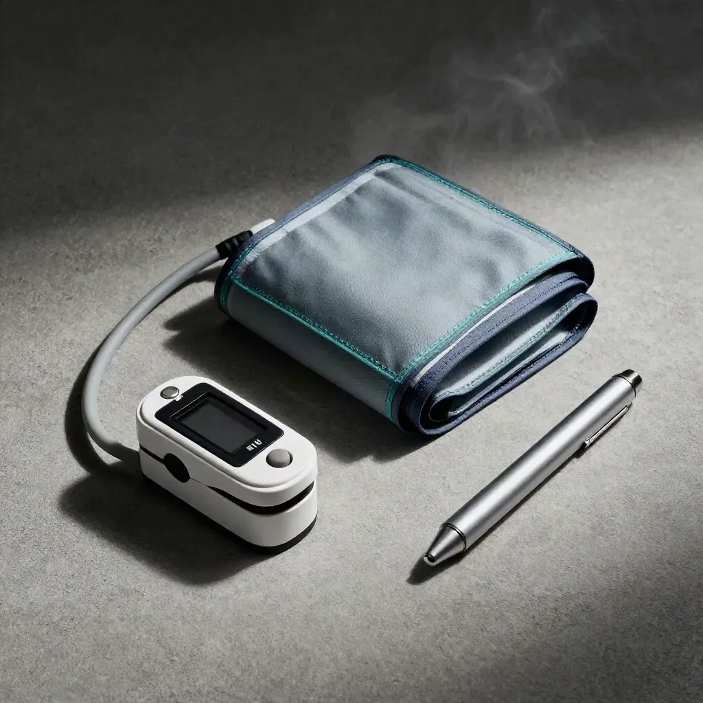 Overhead still life of pulse oximeter, blood-pressure cuff, and penlight on cool concrete.