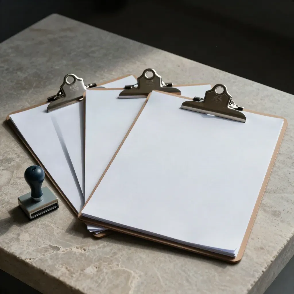 Three intake clipboards, a rubber stamp, and metal clip on pale stone in dramatic clinic light