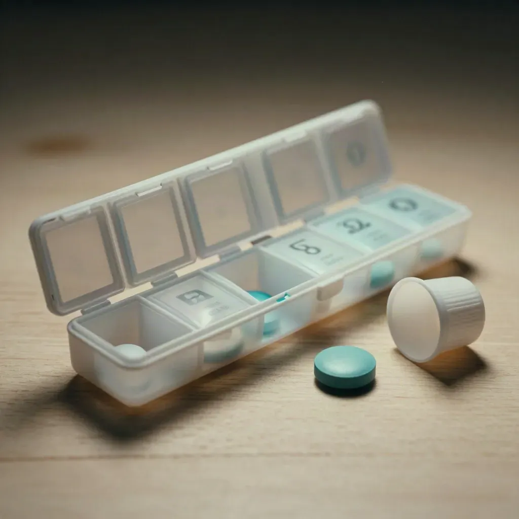 Weekly pill organizer, reminder puck, and pill cup in a moody macro on pale wood
