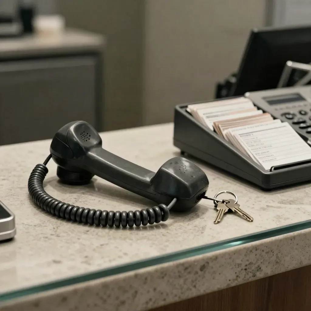 Macro still life of a reception handset, stamp pad, keys, and card tray behind glass.