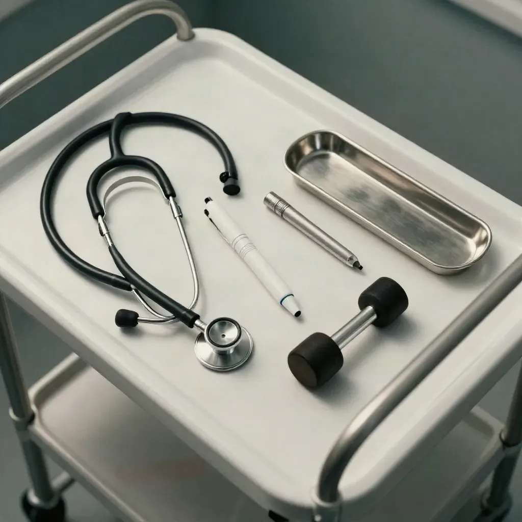 Stethoscope, penlight, reflex hammer and metal tray on a white exam cart