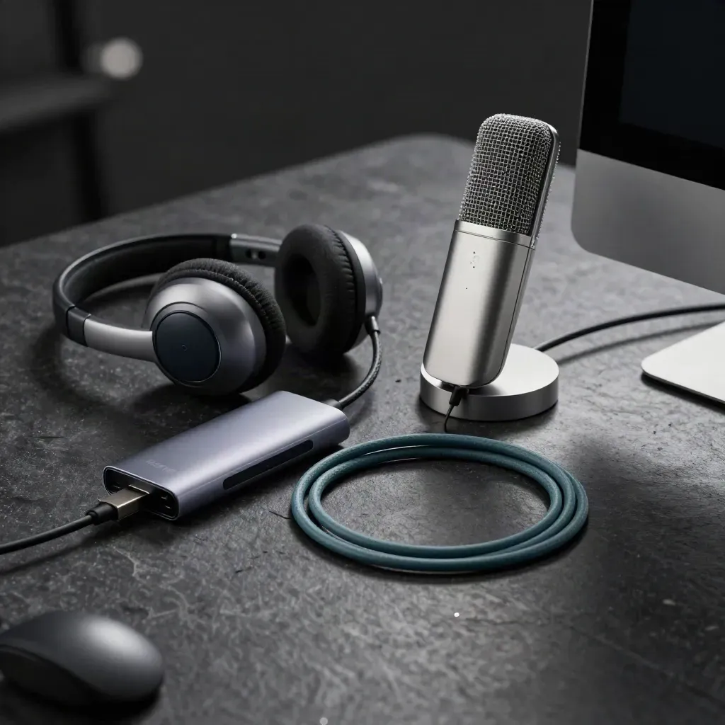 Telehealth headset, desktop mic, USB hub and cable loop on dark stone with shallow depth