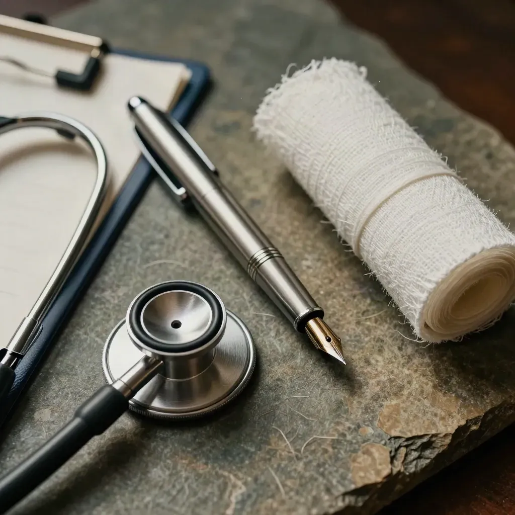 Macro flat lay of stethoscope, chart folder, fountain pen and gauze on stone.