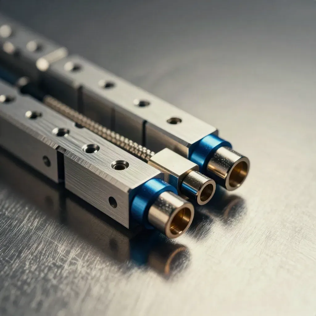 Macro of aluminum blocks and a cable connector aligned diagonally on brushed metal.