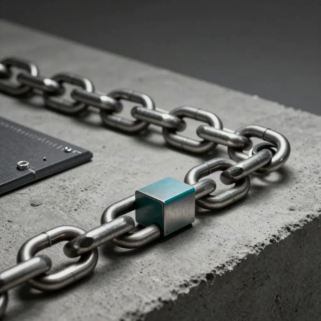 Steel rings, hex fasteners, and modular rail on concrete in dramatic studio light.