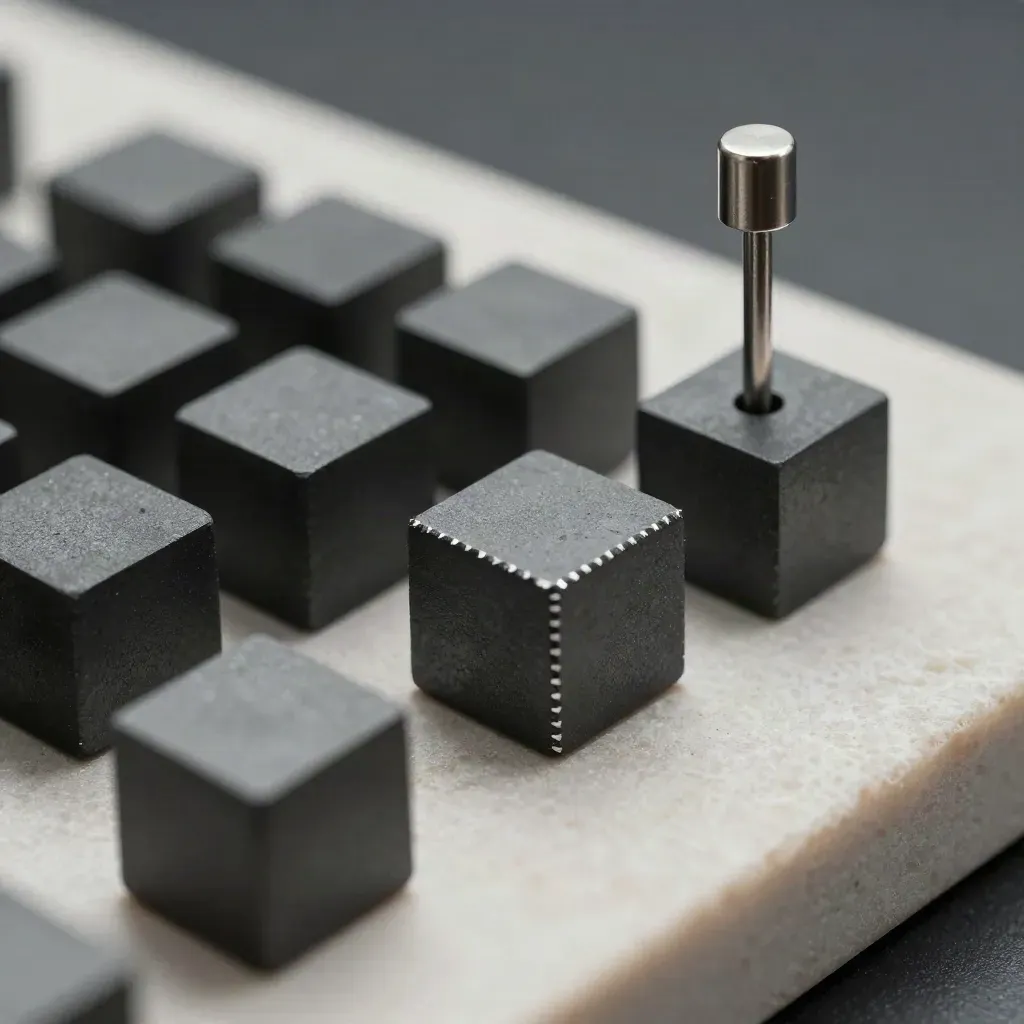 Graphite cubes, magnetic pin and spacer bar aligned on pale stone with soft haze.