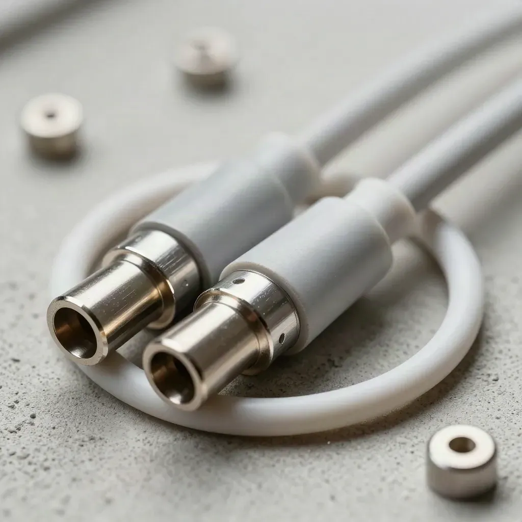 Macro of precision connectors and a white cable loop on pale concrete with soft bokeh