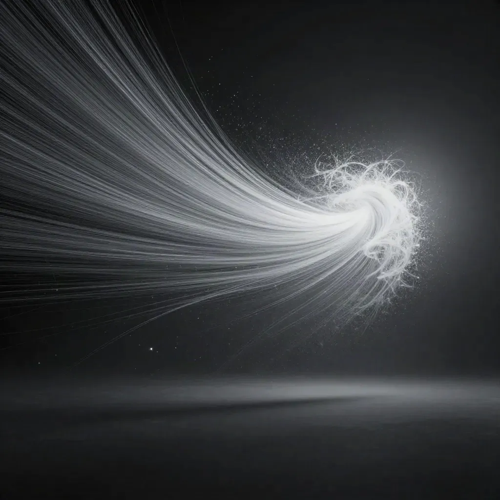 Silver light filaments converge into a soft bloom in dark haze.